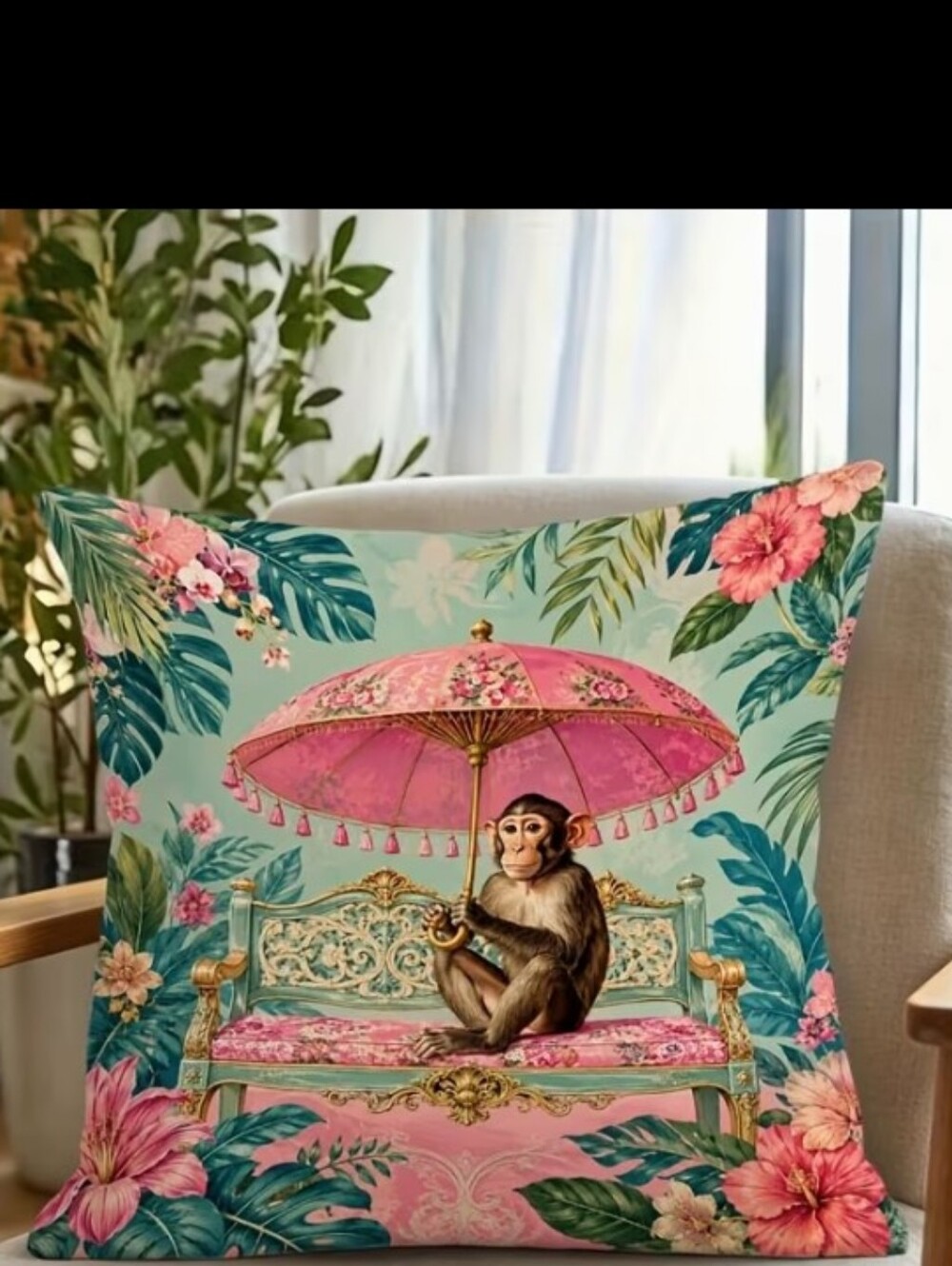 Tropical Monkey Print Throw Pillow Cover in Pink and Teal